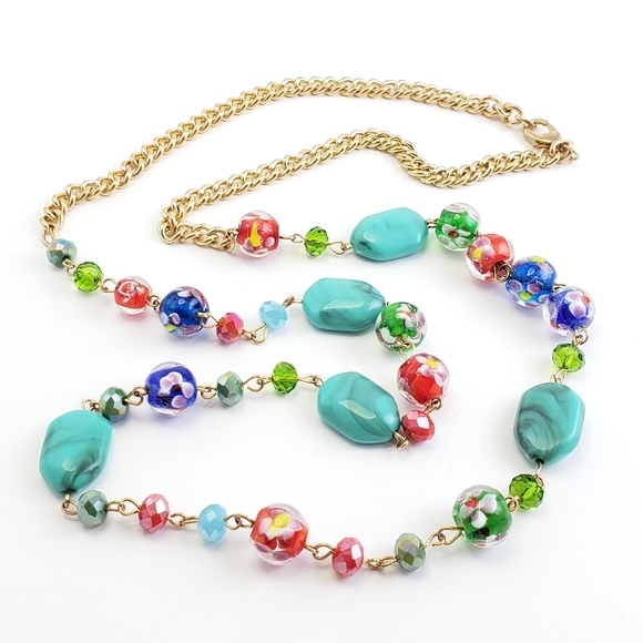 Vintage Jewelry - Vintage Sweater Necklace 1990s Art Glass